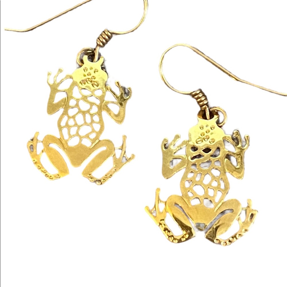 Wild Bryde 18k gold plated leopard tree frog French wire dangle drop earrings